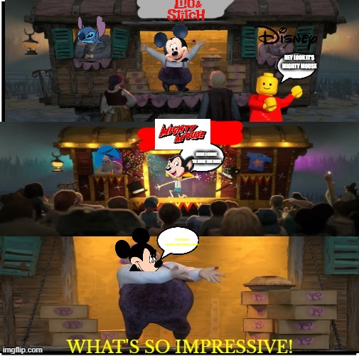 a disney live action remake being overshadowed by mighty mouse | HEY LOOK IT'S MIGHTY MOUSE; HERE I COME TO SAVE THE DAY! I'VE BEEN A MOUSE THE WHOLE TIME! | image tagged in pinocchio overshadowing jack horner,memes,paramount,disney | made w/ Imgflip meme maker