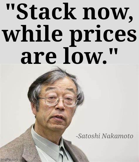 satoshi | "Stack now,
while prices
are low."; -Satoshi Nakamoto | image tagged in satoshi | made w/ Imgflip meme maker
