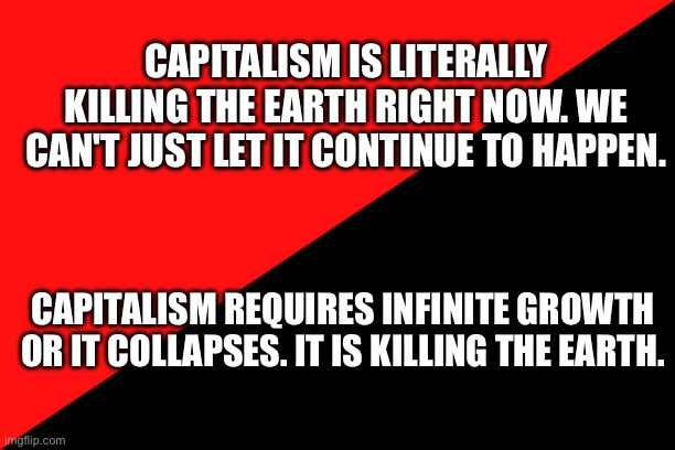 Capitalism is killing us | CAPITALISM IS LITERALLY KILLING THE EARTH RIGHT NOW. WE CAN'T JUST LET IT CONTINUE TO HAPPEN. CAPITALISM REQUIRES INFINITE GROWTH OR IT COLLAPSES. IT IS KILLING THE EARTH. | image tagged in ancom flag,capitalism | made w/ Imgflip meme maker