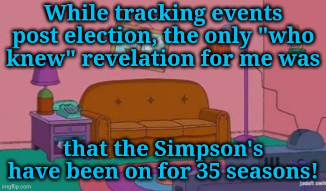 The Only Surprise Post Election | While tracking events post election, the only "who knew" revelation for me was; that the Simpson's have been on for 35 seasons! | image tagged in the simpsons,presidential election,dnc,msnbc | made w/ Imgflip meme maker