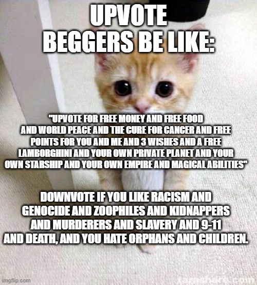 stop upvote begging | UPVOTE BEGGERS BE LIKE:; "UPVOTE FOR FREE MONEY AND FREE FOOD AND WORLD PEACE AND THE CURE FOR CANCER AND FREE POINTS FOR YOU AND ME AND 3 WISHES AND A FREE LAMBORGHINI AND YOUR OWN PRIVATE PLANET AND YOUR OWN STARSHIP AND YOUR OWN EMPIRE AND MAGICAL ABILITIES"; DOWNVOTE IF YOU LIKE RACISM AND GENOCIDE AND ZOOPHILES AND KIDNAPPERS AND MURDERERS AND SLAVERY AND 9-11 AND DEATH, AND YOU HATE ORPHANS AND CHILDREN. | image tagged in memes,cute cat | made w/ Imgflip meme maker