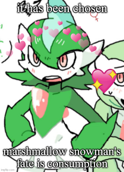 female gallade my beloved | it has been chosen; marshmallow snowman's fate is consumption | image tagged in female gallade my beloved | made w/ Imgflip meme maker