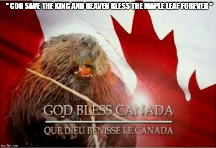 The maple leaf forever, almost the amthem of canada | " GOD SAVE THE KING AND HEAVEN BLESS THE MAPLE LEAF FOREVER " | image tagged in god bless canada | made w/ Imgflip meme maker