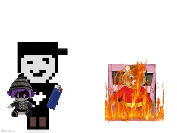 SilverBurn Burns Blueworlds 1998 Teddy Ruxpin and keeps the uzi plush in his hand. | made w/ Imgflip meme maker