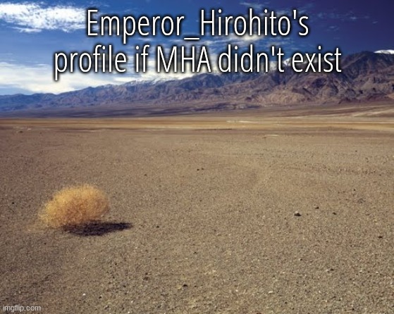 desert tumbleweed | Emperor_Hirohito's profile if MHA didn't exist | image tagged in desert tumbleweed | made w/ Imgflip meme maker