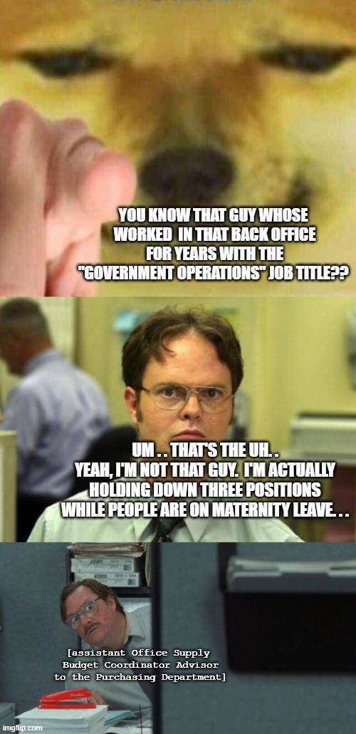 YOU KNOW THAT GUY WHOSE  WORKED  IN THAT BACK OFFICE  FOR YEARS WITH THE "GOVERNMENT OPERATIONS" JOB TITLE?? UM . . THAT'S THE UH. . YEAH, I | image tagged in pointing doge,memes,dwight schrute,red stapler | made w/ Imgflip meme maker