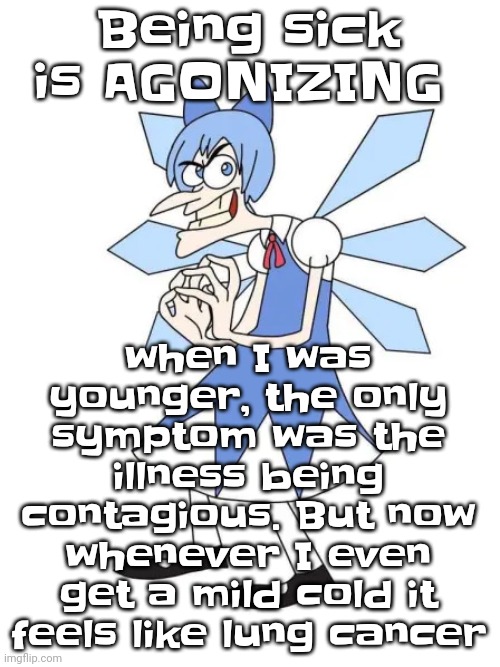 Touhoufenshmirtz | when I was younger, the only symptom was the illness being contagious. But now whenever I even get a mild cold it feels like lung cancer; Being sick is AGONIZING | image tagged in touhoufenshmirtz | made w/ Imgflip meme maker