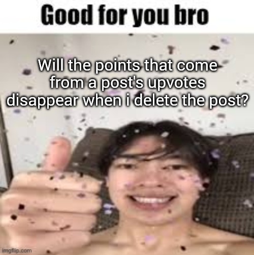 Good for you bro (Iraqi_Randomizer temp) | Will the points that come from a post's upvotes disappear when i delete the post? | image tagged in good for you bro | made w/ Imgflip meme maker