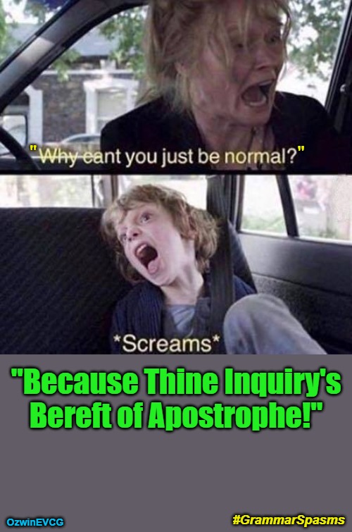 #GrammarSpasms | "; "; "Because Thine Inquiry's 

Bereft of Apostrophe!"; #GrammarSpasms; OzwinEVCG | image tagged in why can't you just be normal,screaming,grammar commies,grammar nazis,fun with english,questions and answers | made w/ Imgflip meme maker