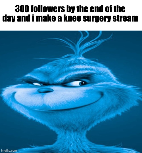 Blue Grinch | 300 followers by the end of the day and i make a knee surgery stream | image tagged in blue grinch | made w/ Imgflip meme maker