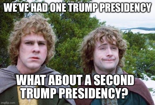 Second Trump Presidency | WE’VE HAD ONE TRUMP PRESIDENCY; WHAT ABOUT A SECOND TRUMP PRESIDENCY? | image tagged in second breakfast,lord of the rings,merry and pippin,donald trump,president trump,political meme | made w/ Imgflip meme maker