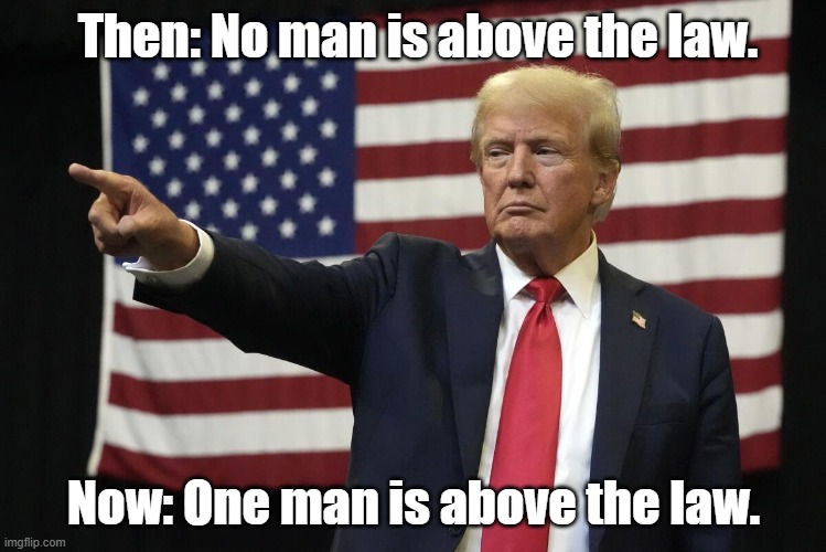 US shame | Then: No man is above the law. Now: One man is above the law. | image tagged in donald trump | made w/ Imgflip meme maker