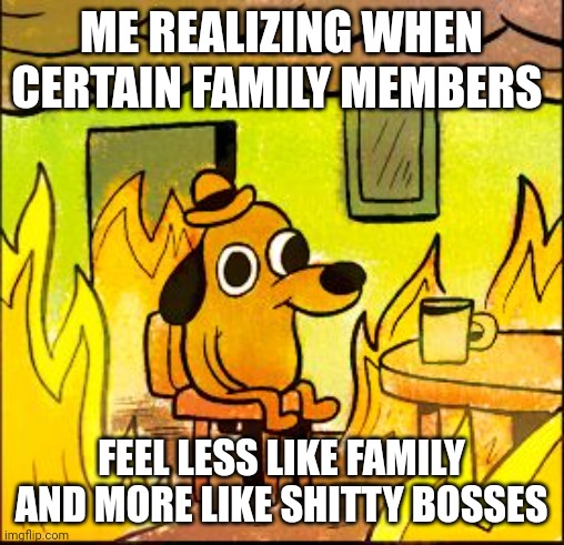 Don't you just LOVE when that happens? TwT | ME REALIZING WHEN CERTAIN FAMILY MEMBERS; FEEL LESS LIKE FAMILY AND MORE LIKE SHITTY BOSSES | image tagged in this is fine,fml,family,stressed out,relatable | made w/ Imgflip meme maker