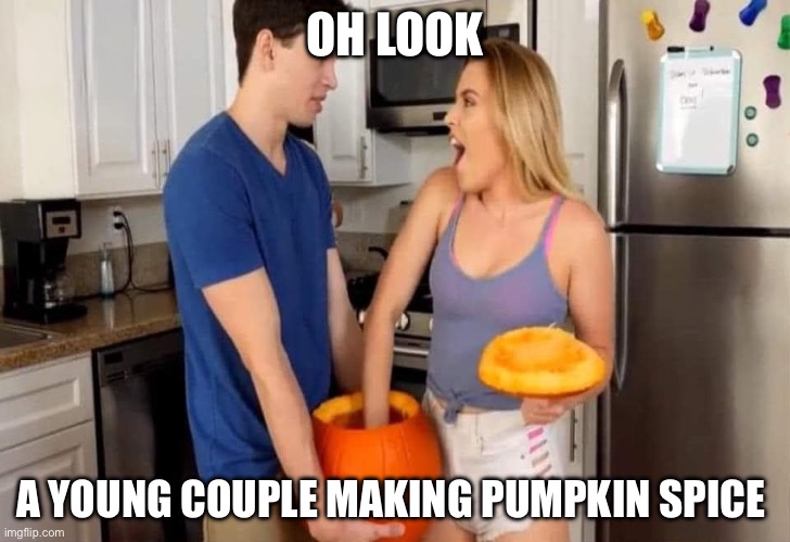 Pumpkin spice | OH LOOK; A YOUNG COUPLE MAKING PUMPKIN SPICE | image tagged in pumpkin,pumpkin spice,funny,funny memes | made w/ Imgflip meme maker