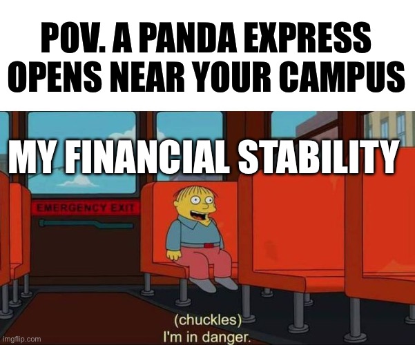 I'm in Danger + blank place above | POV. A PANDA EXPRESS OPENS NEAR YOUR CAMPUS; MY FINANCIAL STABILITY | image tagged in i'm in danger blank place above | made w/ Imgflip meme maker