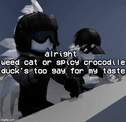 template | alright 
weed cat or spicy crocodile
duck's too gay for my taste | image tagged in template | made w/ Imgflip meme maker