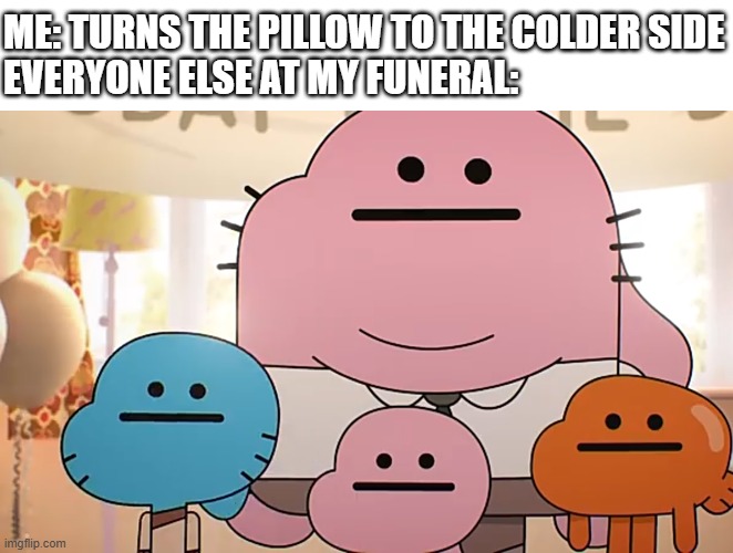 Straight faces | ME: TURNS THE PILLOW TO THE COLDER SIDE
EVERYONE ELSE AT MY FUNERAL: | image tagged in straight faces | made w/ Imgflip meme maker