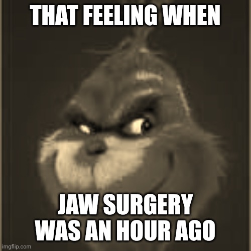 purple grinch | THAT FEELING WHEN; JAW SURGERY WAS AN HOUR AGO | image tagged in purple grinch | made w/ Imgflip meme maker