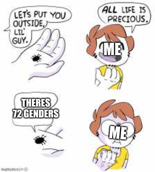 no.there.isnt. | ME; THERES 72 GENDERS; ME | image tagged in all life is precious | made w/ Imgflip meme maker