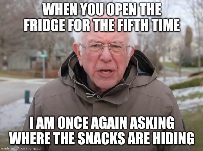 Bernie Sanders Once Again Asking | WHEN YOU OPEN THE FRIDGE FOR THE FIFTH TIME; I AM ONCE AGAIN ASKING WHERE THE SNACKS ARE HIDING | image tagged in bernie sanders once again asking | made w/ Imgflip meme maker