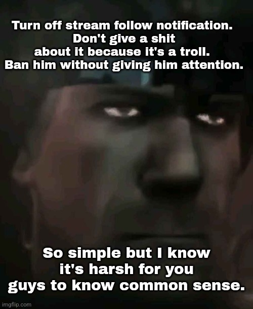 And harsh reality that it was probably made by one of us. | Turn off stream follow notification. 
Don't give a shit about it because it's a troll. 
Ban him without giving him attention. So simple but I know it's harsh for you guys to know common sense. | made w/ Imgflip meme maker