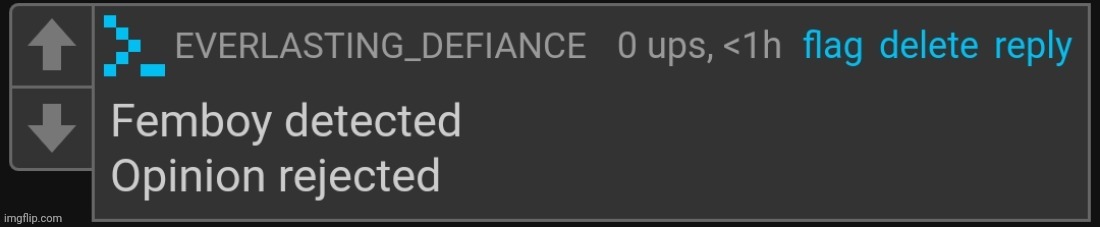 Add all of your "X detected, opinion rejected" temps in the comments | image tagged in femboy detected opinion rejected | made w/ Imgflip meme maker