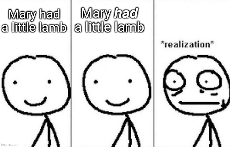 Realization | Mary 𝙝𝙖𝙙 a little lamb; Mary had a little lamb | image tagged in realization,memes,funny,animals,funny memes,meme | made w/ Imgflip meme maker