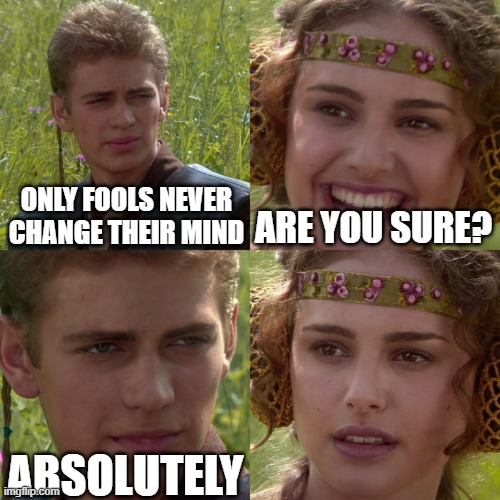 Anakin Padme 4 Panel | ONLY FOOLS NEVER CHANGE THEIR MIND; ARE YOU SURE? ABSOLUTELY | image tagged in anakin padme 4 panel | made w/ Imgflip meme maker