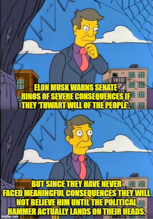 Some people need showing. | ELON MUSK WARNS SENATE RINOS OF SEVERE CONSEQUENCES IF THEY ‘THWART WILL OF THE PEOPLE’. BUT SINCE THEY HAVE NEVER FACED MEANINGFUL CONSEQUENCES THEY WILL NOT BELIEVE HIM UNTIL THE POLITICAL HAMMER ACTUALLY LANDS ON THEIR HEADS. | image tagged in yep | made w/ Imgflip meme maker