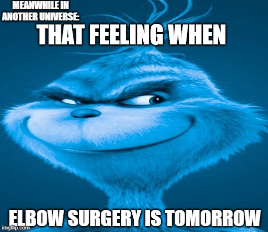 Meanwhile: | MEANWHILE IN ANOTHER UNIVERSE:; THAT FEELING WHEN; ELBOW SURGERY IS TOMORROW | image tagged in blue grinch | made w/ Imgflip meme maker