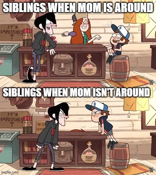 Dipper and Robbie | SIBLINGS WHEN MOM IS AROUND; SIBLINGS WHEN MOM ISN'T AROUND | image tagged in dipper and robbie hating each other,gravity falls,siblings,sibling rivalry,relatable memes | made w/ Imgflip meme maker