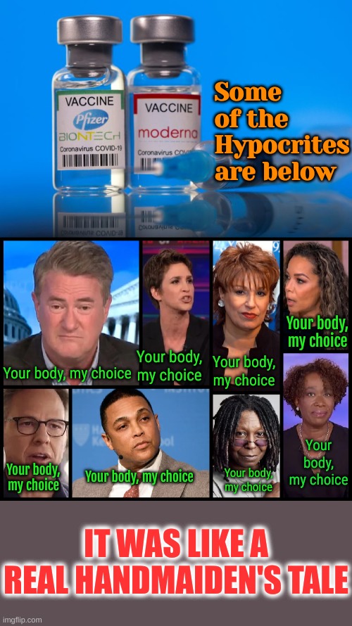 The Left is nothing but a bunch of HYPOCRITES | Some of the  Hypocrites are below; Your body, my choice; Your body, my choice; Your body, my choice; Your body, my choice; Your body, my choice; Your body, my choice; Your body, my choice; Your body, my choice; IT WAS LIKE A REAL HANDMAIDEN'S TALE | made w/ Imgflip meme maker