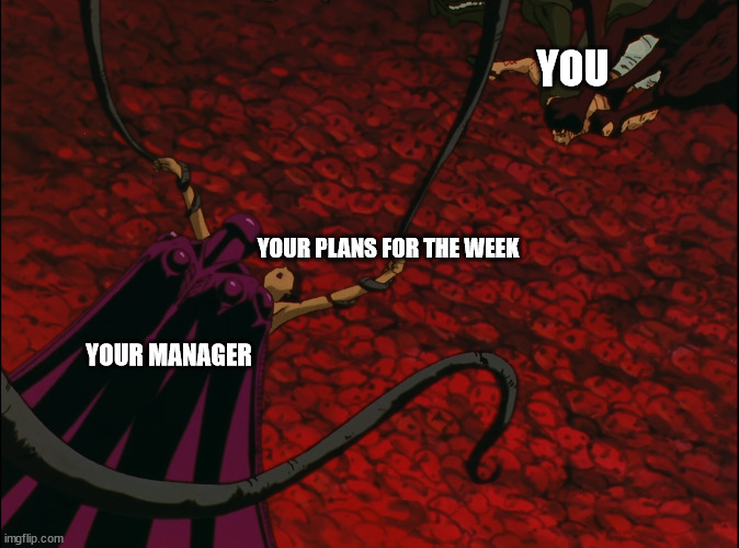 When your schedule is downright evil again | YOU; YOUR PLANS FOR THE WEEK; YOUR MANAGER | image tagged in berserk,funny,work,pain,relatable,night shift | made w/ Imgflip meme maker