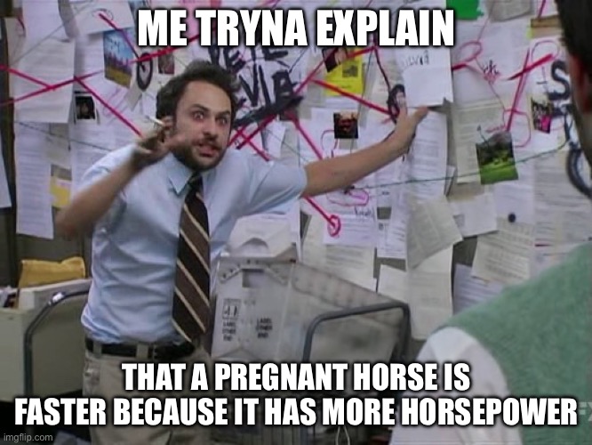 Very horse faster | ME TRYNA EXPLAIN; THAT A PREGNANT HORSE IS FASTER BECAUSE IT HAS MORE HORSEPOWER | image tagged in charlie conspiracy always sunny in philidelphia | made w/ Imgflip meme maker