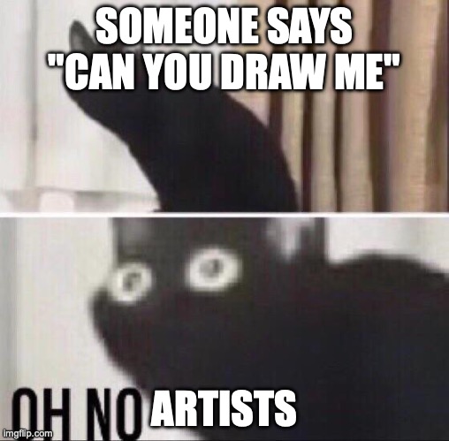 Oh no cat | SOMEONE SAYS "CAN YOU DRAW ME"; ARTISTS | image tagged in oh no cat | made w/ Imgflip meme maker