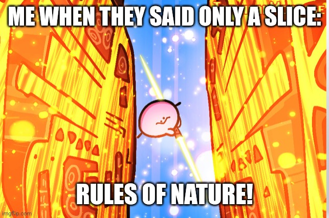 RULES OF KIRBO | ME WHEN THEY SAID ONLY A SLICE: RULES OF NATURE! | image tagged in rules of kirbo | made w/ Imgflip meme maker