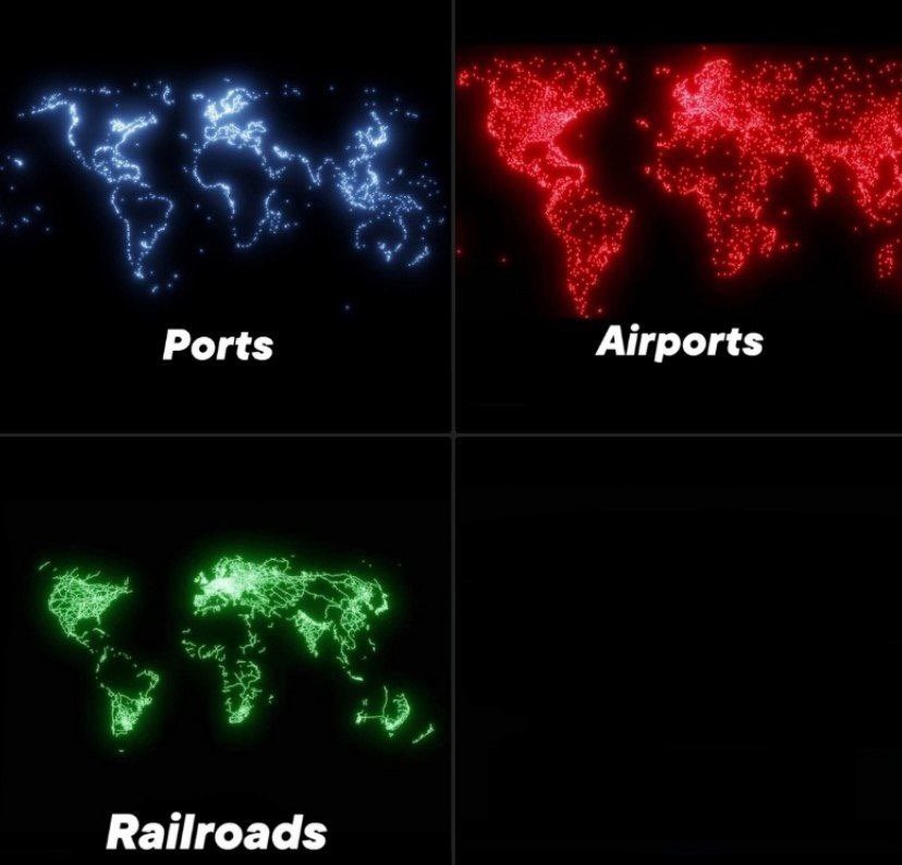 World map with ports, airports, railroads Blank Meme Template