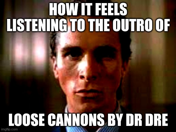 Listening to the "Loose Cannons" outro by Dr. Dre be like | HOW IT FEELS LISTENING TO THE OUTRO OF; LOOSE CANNONS BY DR DRE | image tagged in patrick bateman stare | made w/ Imgflip meme maker