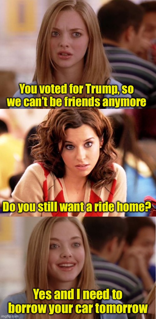 With liberal friends, who needs enemas | You voted for Trump, so we can’t be friends anymore; Do you still want a ride home? Yes and I need to borrow your car tomorrow | image tagged in blonde pun,hypocrisy,tds,friends | made w/ Imgflip meme maker