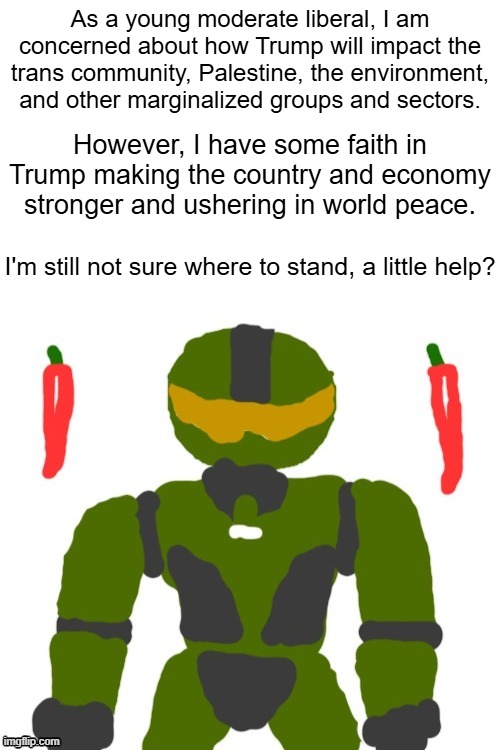 healthy discussion | As a young moderate liberal, I am concerned about how Trump will impact the trans community, Palestine, the environment, and other marginalized groups and sectors. However, I have some faith in Trump making the country and economy stronger and ushering in world peace. I'm still not sure where to stand, a little help? | image tagged in spicymasterchief's announcement template,trump,politics,election,america,usa | made w/ Imgflip meme maker