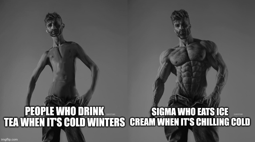 People who drink tea during winters vs people who eat ice cream during cold winters | PEOPLE WHO DRINK TEA WHEN IT'S COLD WINTERS; SIGMA WHO EATS ICE CREAM WHEN IT'S CHILLING COLD | image tagged in weak gigachad vs strong gigachad comparison | made w/ Imgflip meme maker