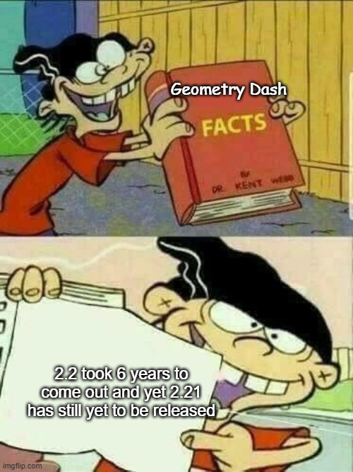 faccs | Geometry Dash; 2.2 took 6 years to come out and yet 2.21 has still yet to be released | image tagged in ed edd and eddy facts | made w/ Imgflip meme maker