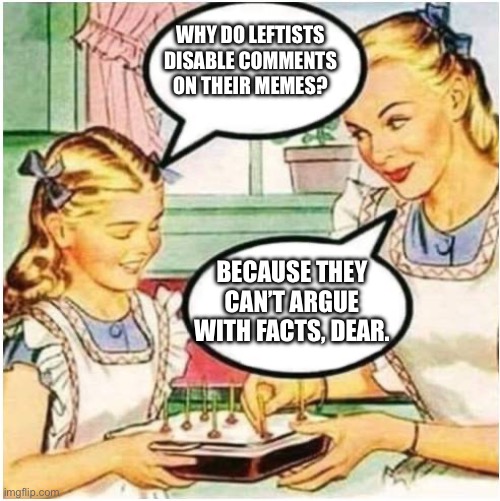 Mommy What Is Blank | WHY DO LEFTISTS DISABLE COMMENTS ON THEIR MEMES? BECAUSE THEY CAN’T ARGUE WITH FACTS, DEAR. | image tagged in mommy what is blank | made w/ Imgflip meme maker