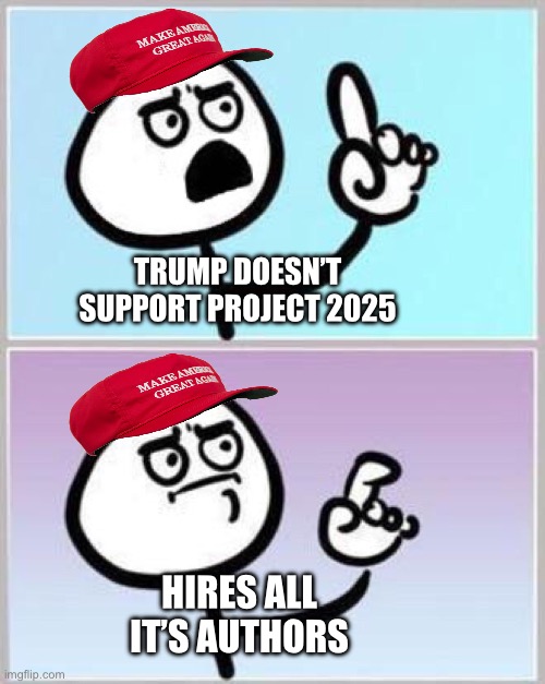 Uh oh | TRUMP DOESN’T SUPPORT PROJECT 2025; HIRES ALL IT’S AUTHORS | image tagged in wait what | made w/ Imgflip meme maker