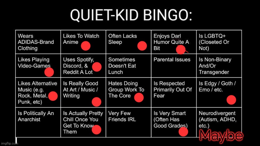 Pretty simple, I just like very dark gory things and if it is happy I do not enjoy it | Maybe | image tagged in quiet kid bingo | made w/ Imgflip meme maker