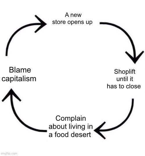 Facts | A new store opens up; Blame capitalism; Shoplift until it has to close; Complain about living in a food desert | image tagged in the circle of life,politics lol,memes | made w/ Imgflip meme maker