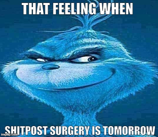 Shitpost surgery | THAT FEELING WHEN; SHITPOST SURGERY IS TOMORROW | image tagged in blue grinch,shitpost surgery | made w/ Imgflip meme maker