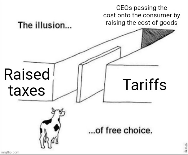 Both higher taxes in the rich and tariffs are bad for the exact same reason | CEOs passing the cost onto the consumer by raising the cost of goods; Raised taxes; Tariffs | image tagged in illusion of free choice,taxes,tariffs,economics,capitalism,economy | made w/ Imgflip meme maker