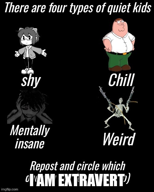 I am extravert. | I AM EXTRAVERT | image tagged in four types of quiet kid | made w/ Imgflip meme maker