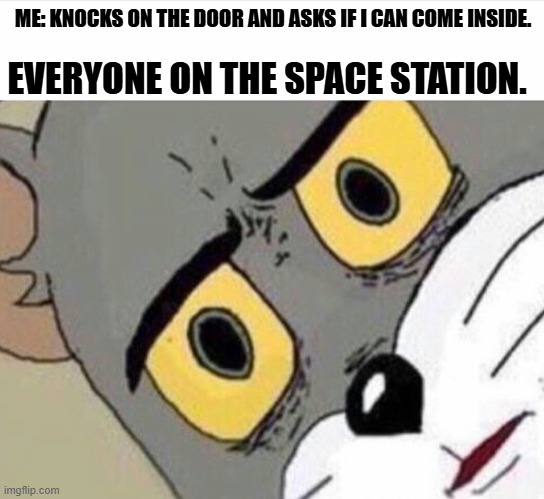 I'm just trying to welcome my new neighbors. | ME: KNOCKS ON THE DOOR AND ASKS IF I CAN COME INSIDE. EVERYONE ON THE SPACE STATION. | image tagged in disturbed tom improved | made w/ Imgflip meme maker